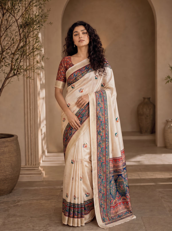 Varnesha Tussar Silk Saree – Cream Heritage Digital Print