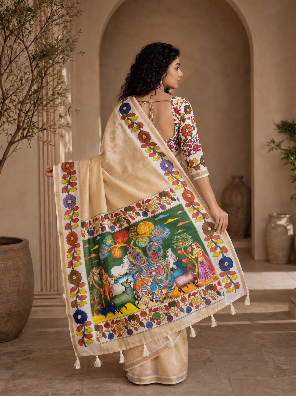 Vedyana Cotton Blend Saree – Yellowish Cream Kalamkari Digital Print