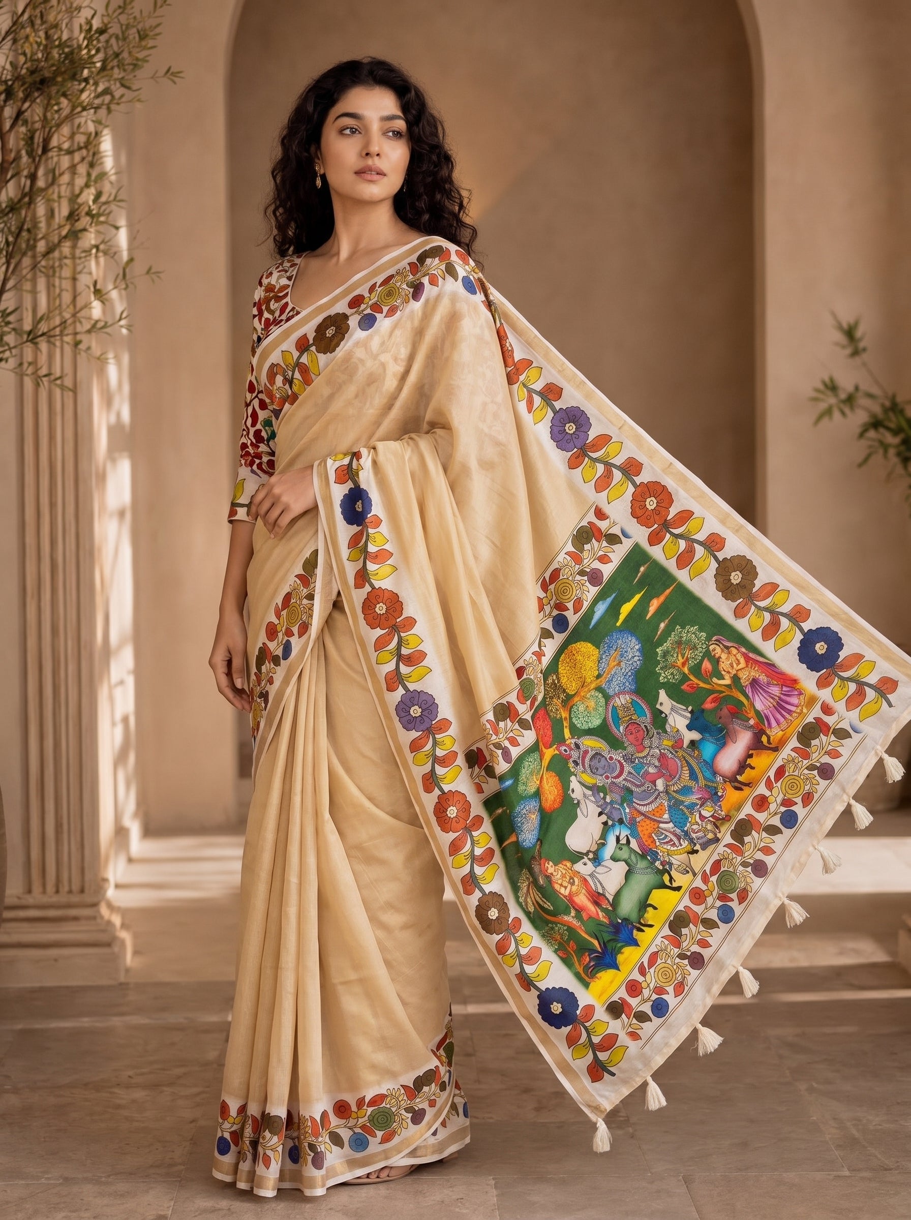 Vedyana Cotton Blend Saree – Yellowish Cream Kalamkari Digital Print