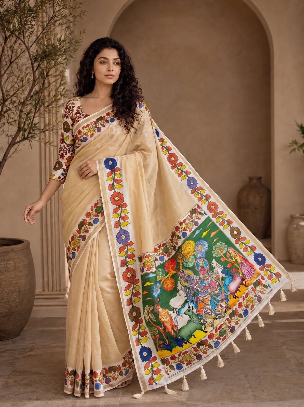 Vedyana Cotton Blend Saree – Yellowish Cream Kalamkari Digital Print