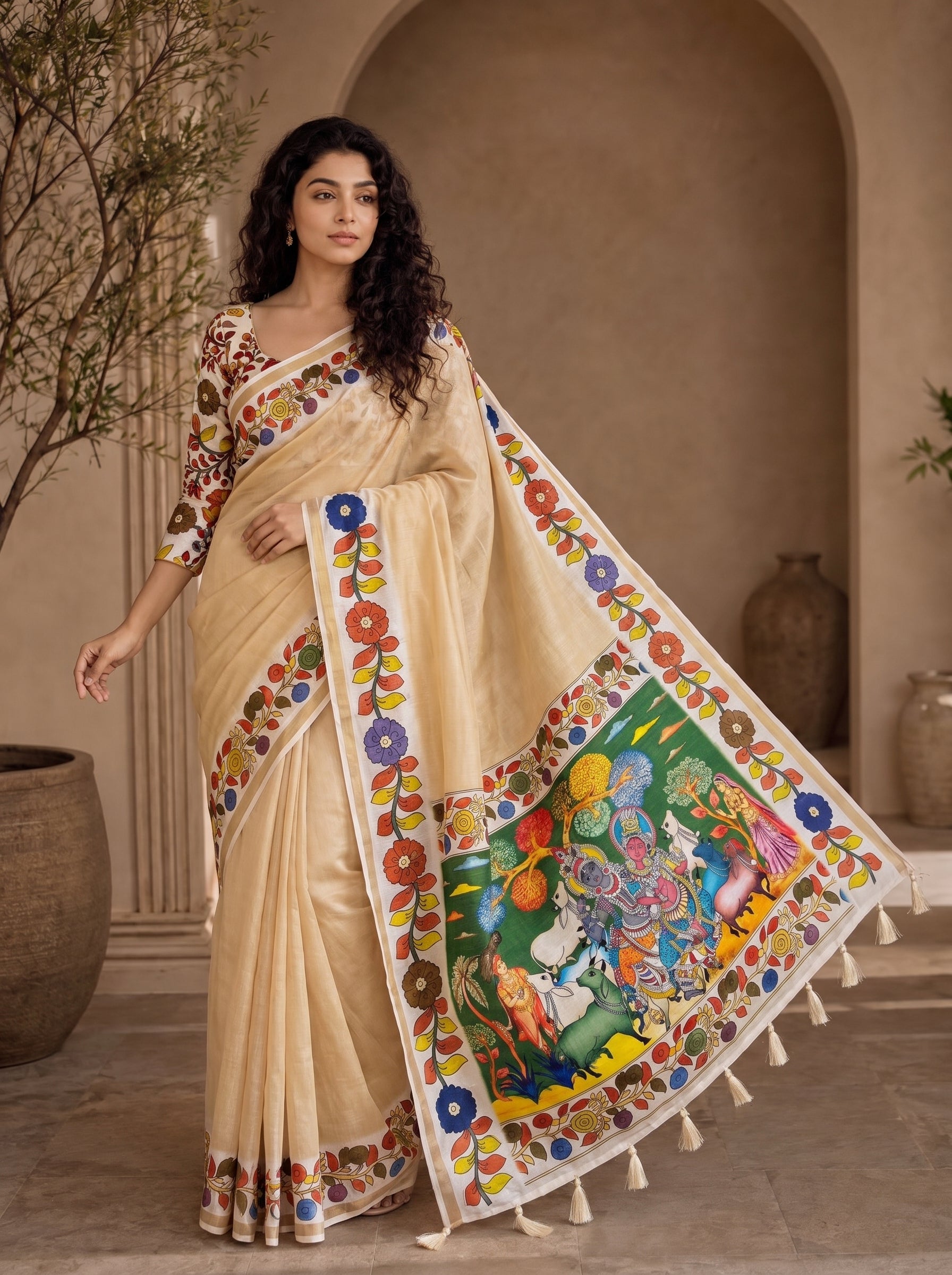 Vedyana Cotton Blend Saree – Yellowish Cream Kalamkari Digital Print