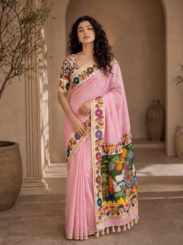 Vedyana Cotton Blend Saree – Pink Kalamkari Digital Print
