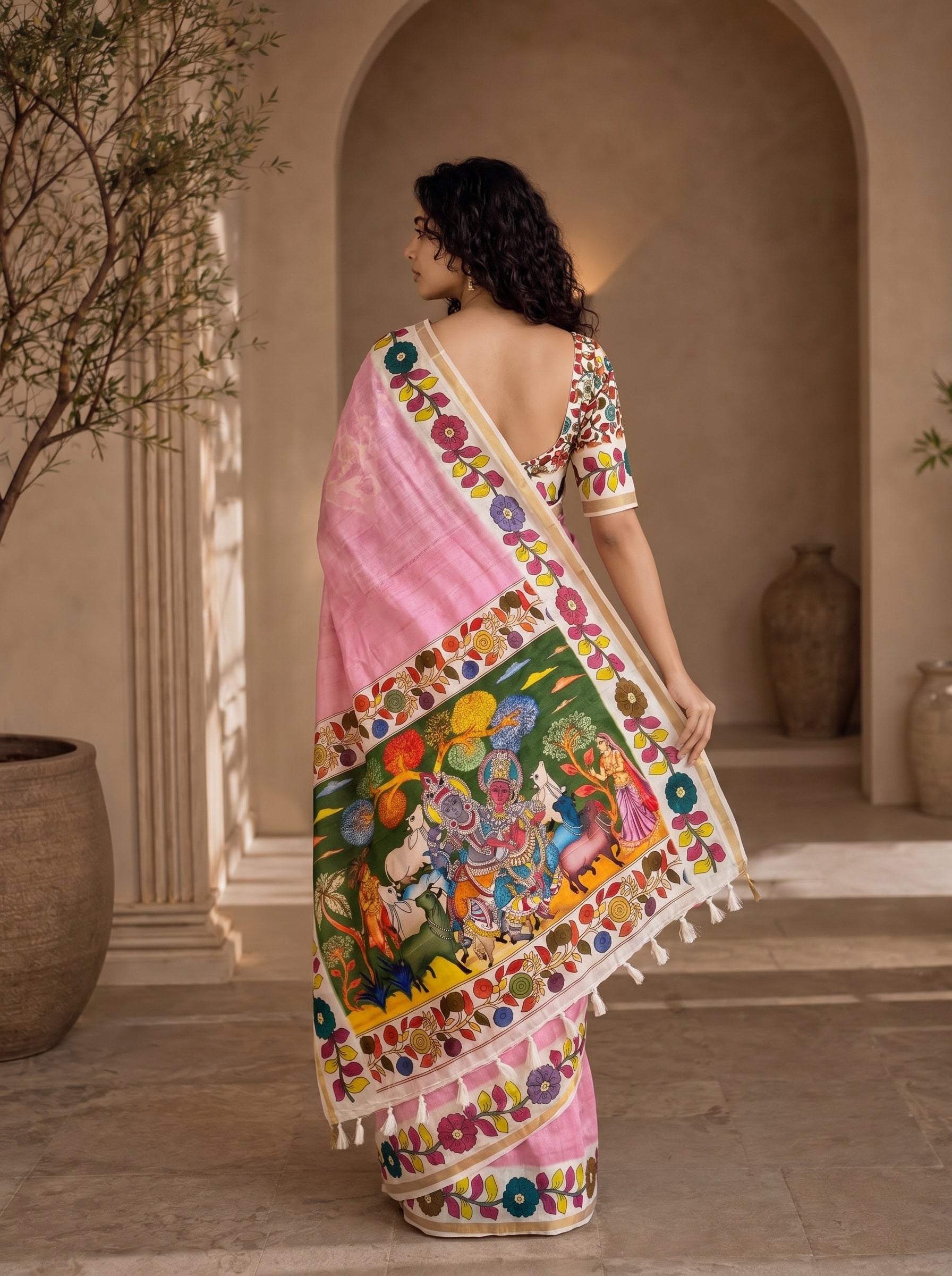Vedyana Cotton Blend Saree – Pink Kalamkari Digital Print