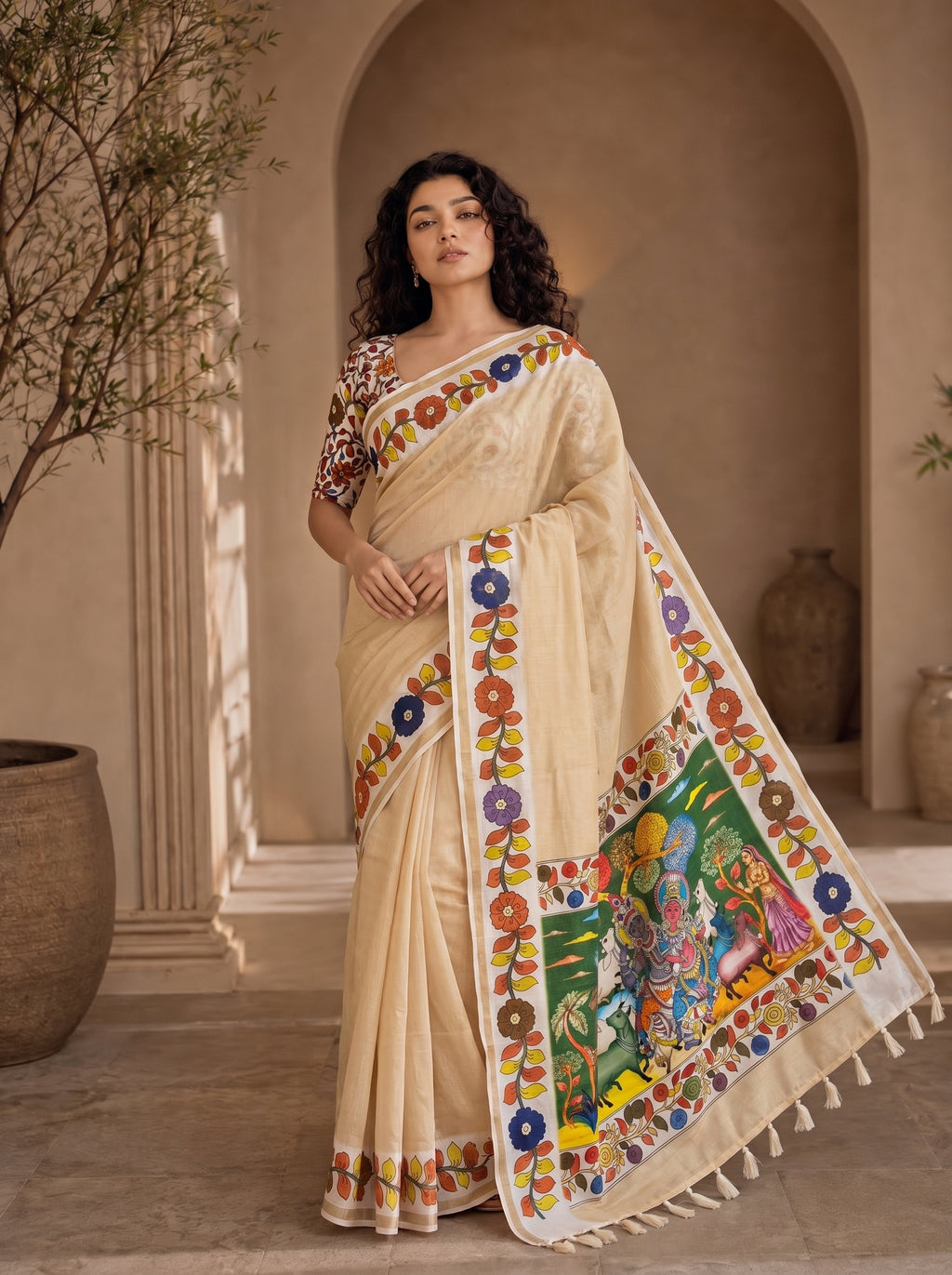 Vedyana Cotton Blend Saree – Yellowish Cream Kalamkari Digital Print
