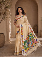 Vedyana Cotton Blend Saree – Yellowish Cream Kalamkari Digital Print