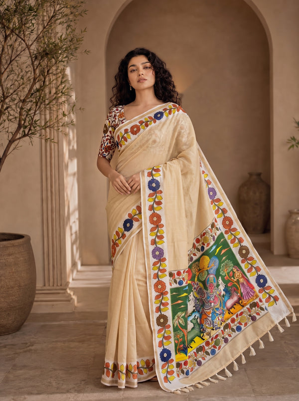 Vedyana Cotton Blend Saree – Yellowish Cream Kalamkari Digital Print