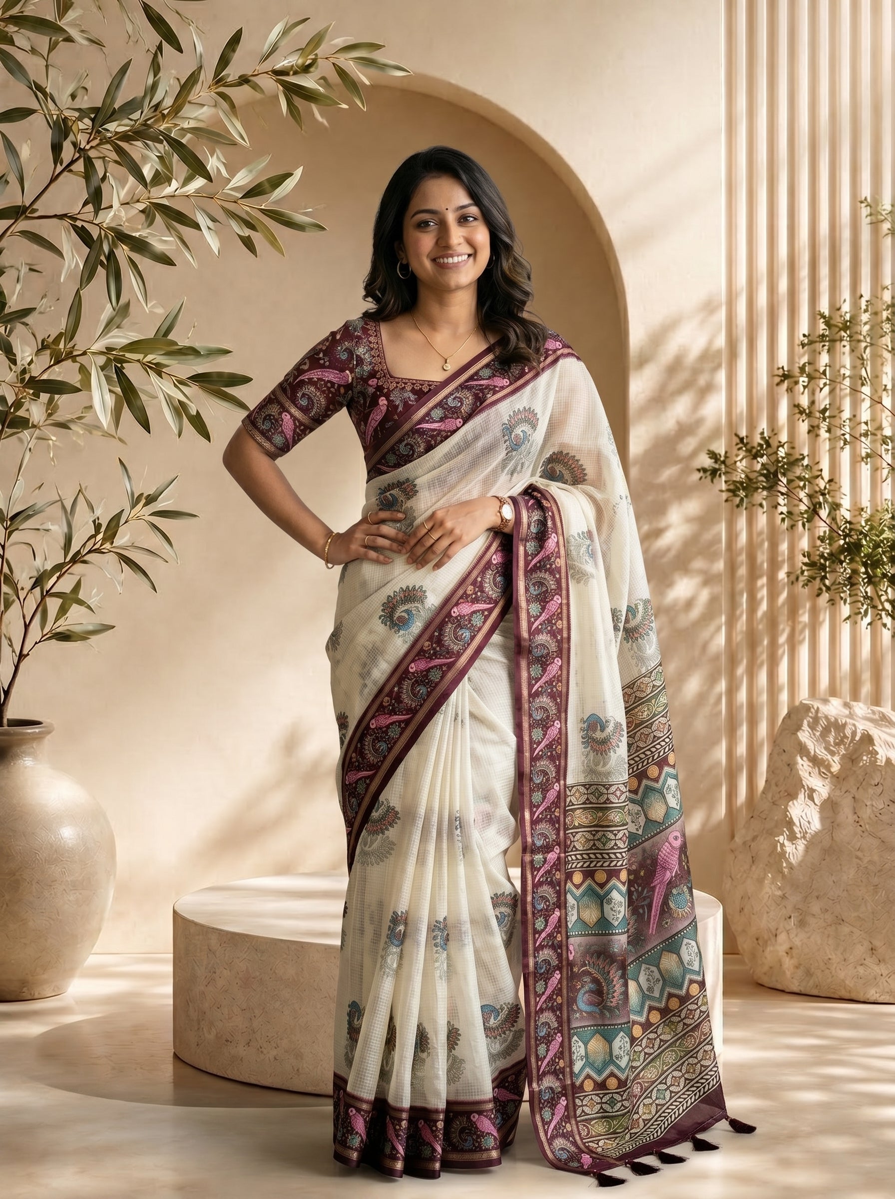 Mayuri Soft Kota Doriya Saree - Cream