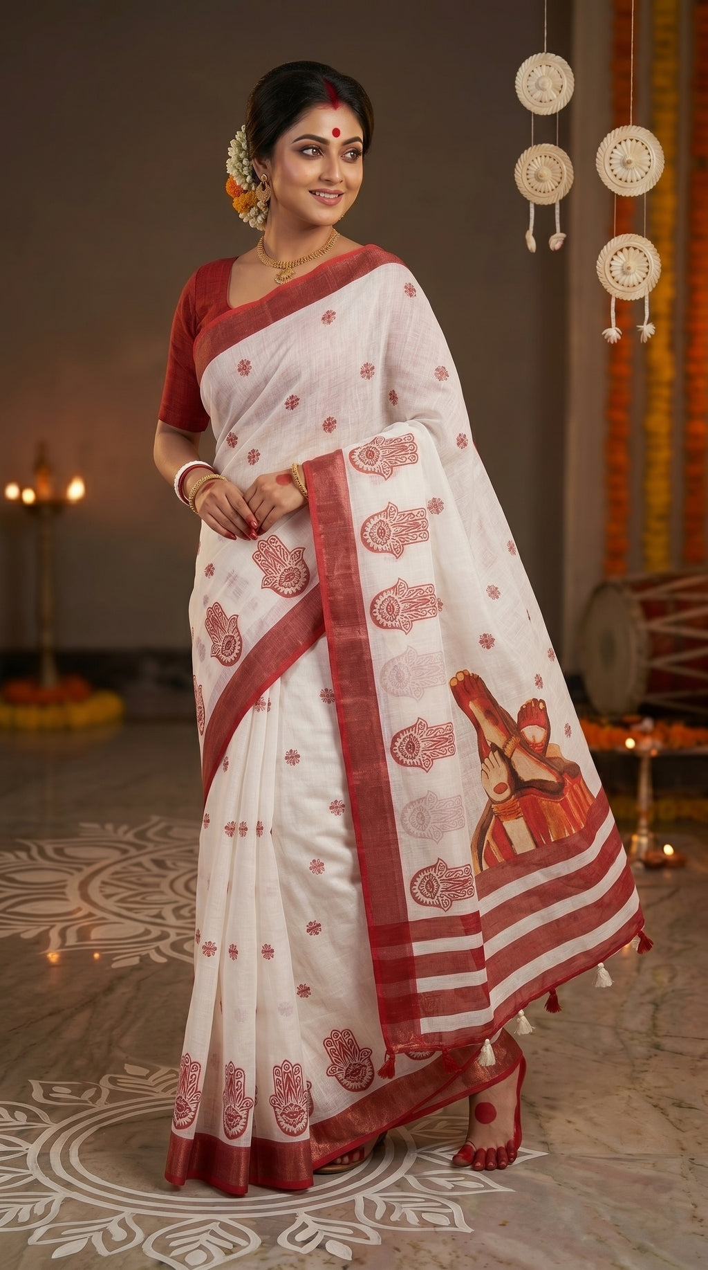 Gowrika Linen Cotton Saree – White Red Divine Digital Print