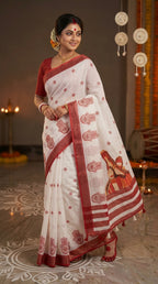 Gowrika Linen Cotton Saree – White Red Divine Digital Print