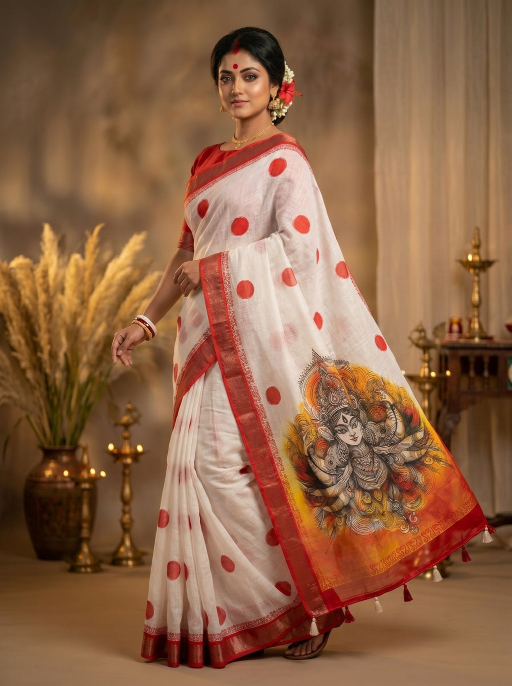 Gowrika Linen Cotton Saree – White Red Maa Durga Divine Digital Print