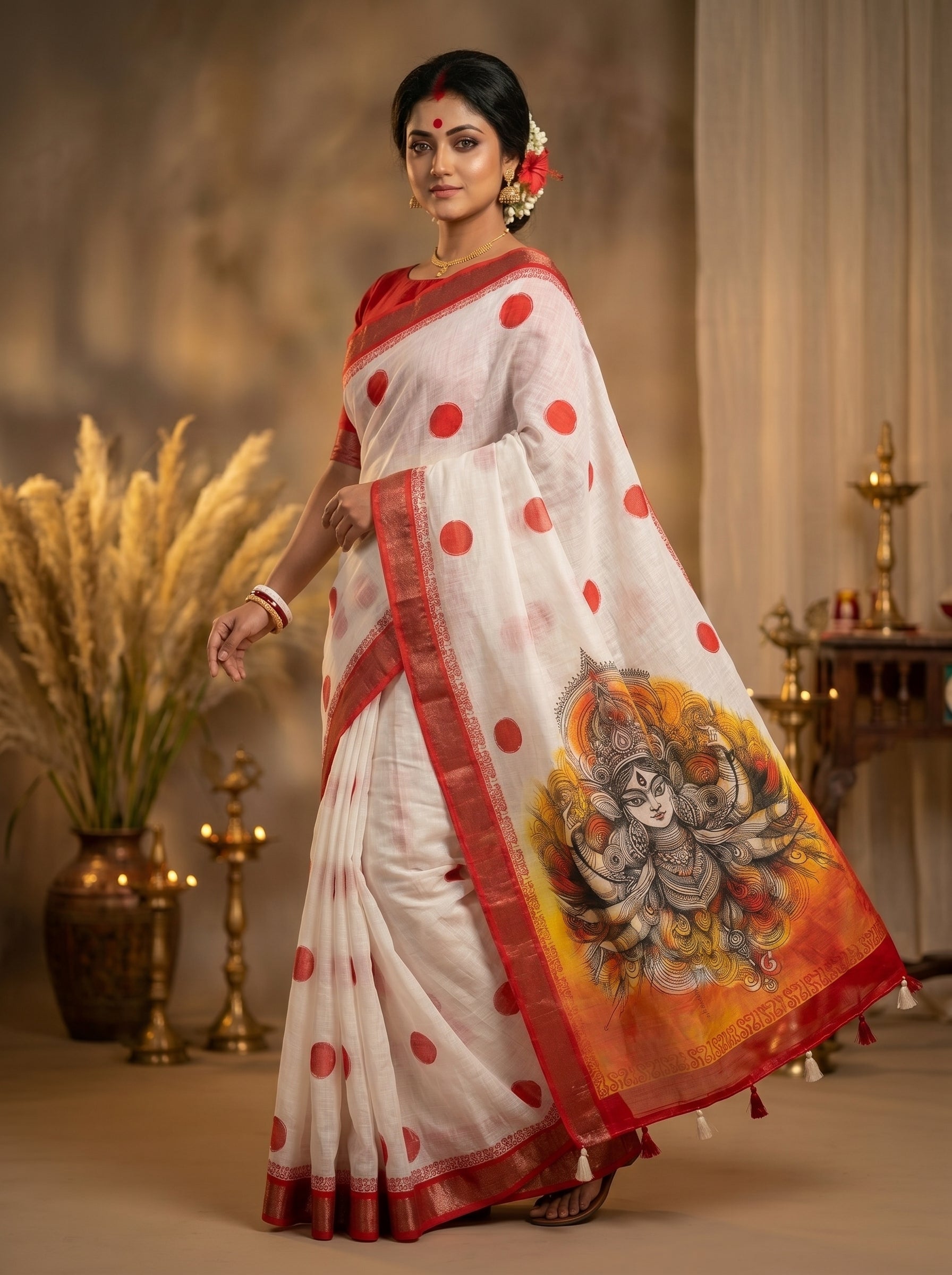 Gowrika Linen Cotton Saree – White Red Maa Durga Divine Digital Print