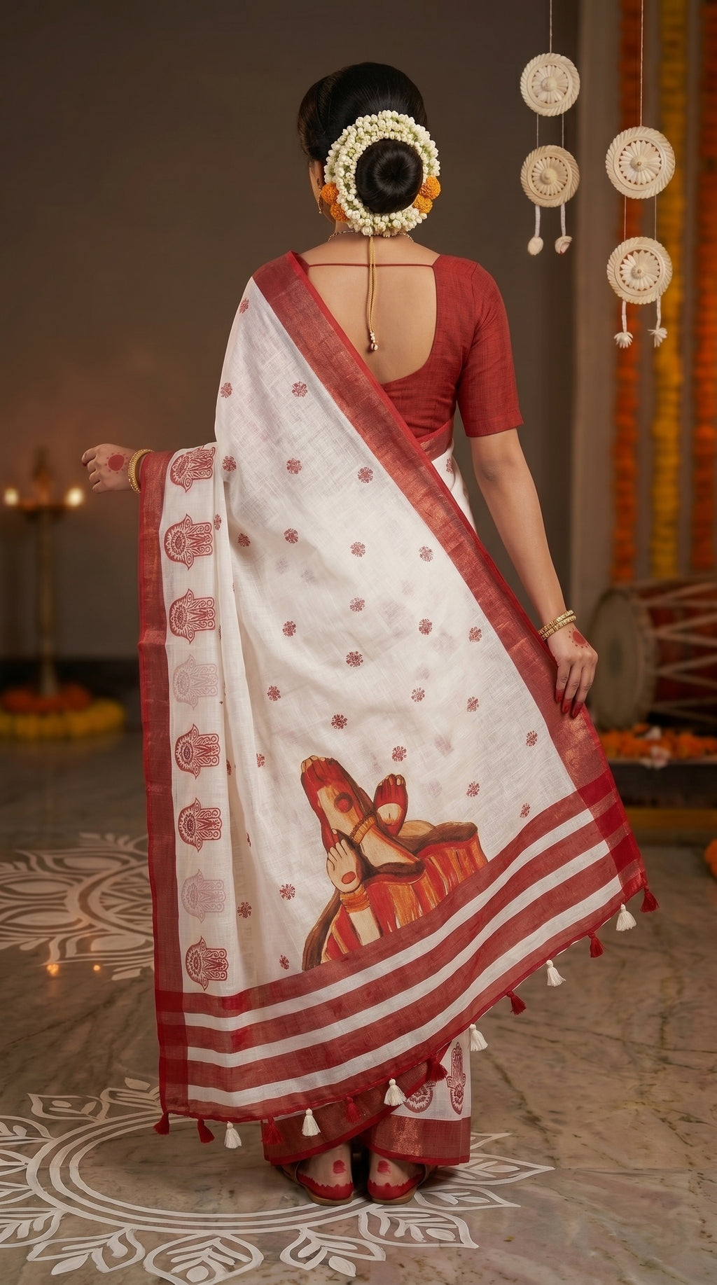 Gowrika Linen Cotton Saree – White Red Divine Digital Print