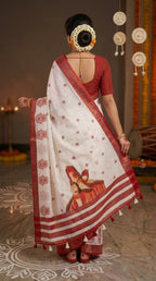 Gowrika Linen Cotton Saree – White Red Divine Digital Print
