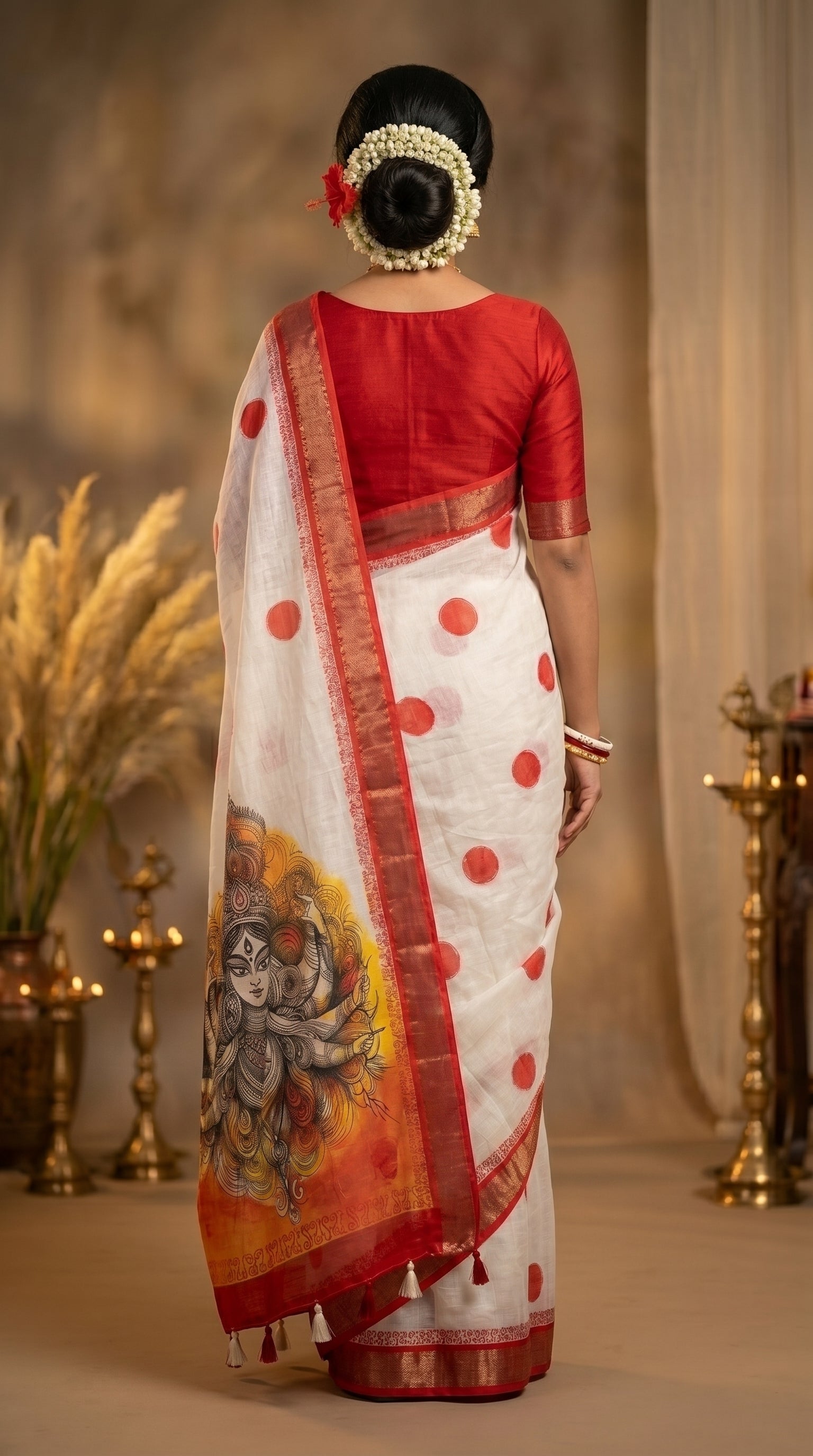 Gowrika Linen Cotton Saree – White Red Maa Durga Divine Digital Print