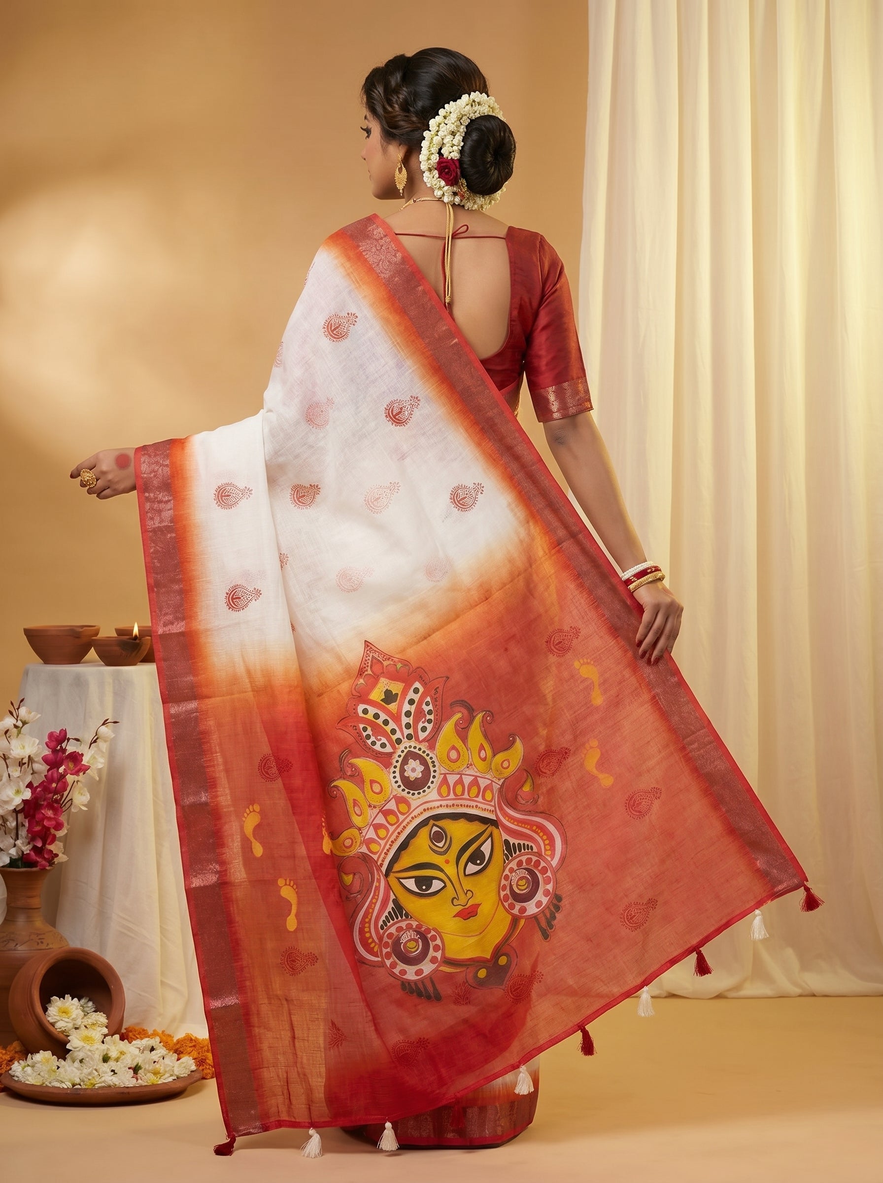 Gowrika Linen Cotton Saree – White Red Maa Durgaa Divine Digital Print