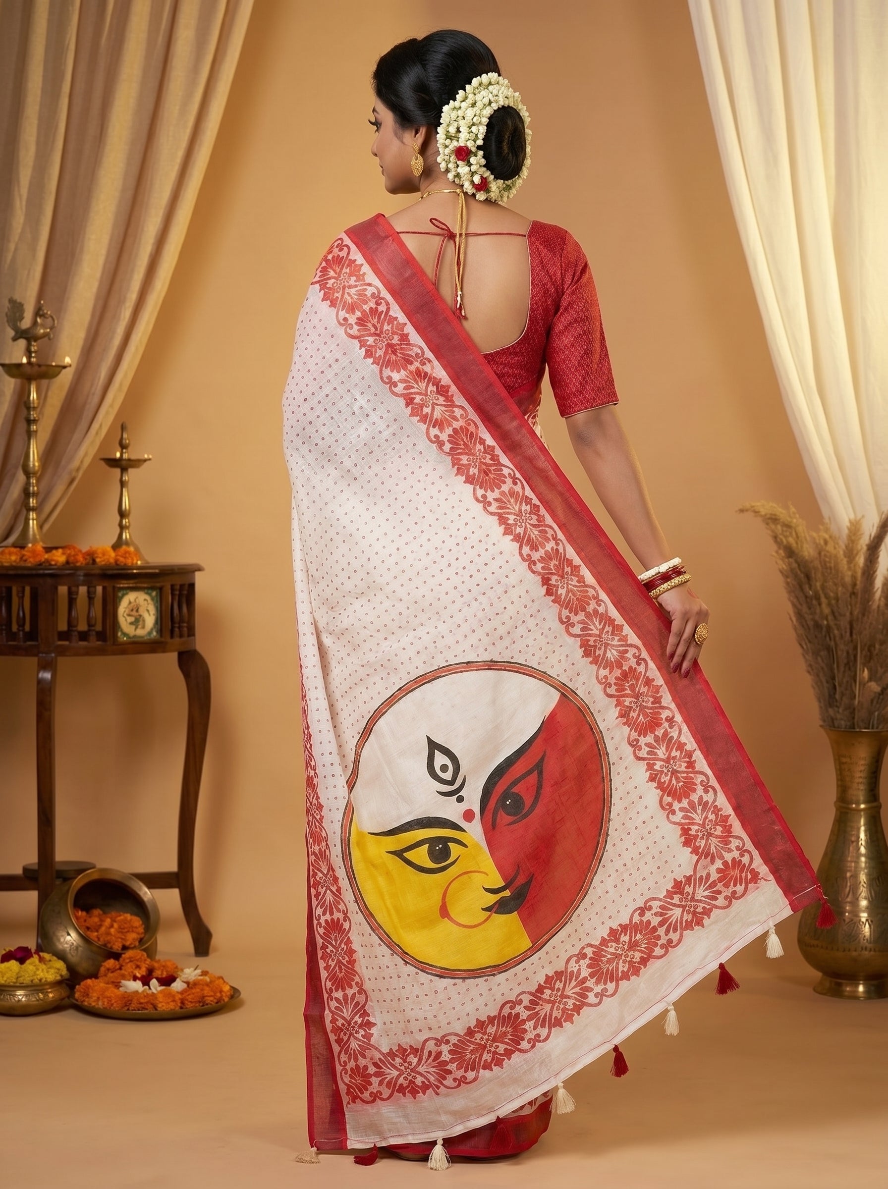 Gowrika Linen Cotton Saree – White Red Durga Face Divine Digital Print