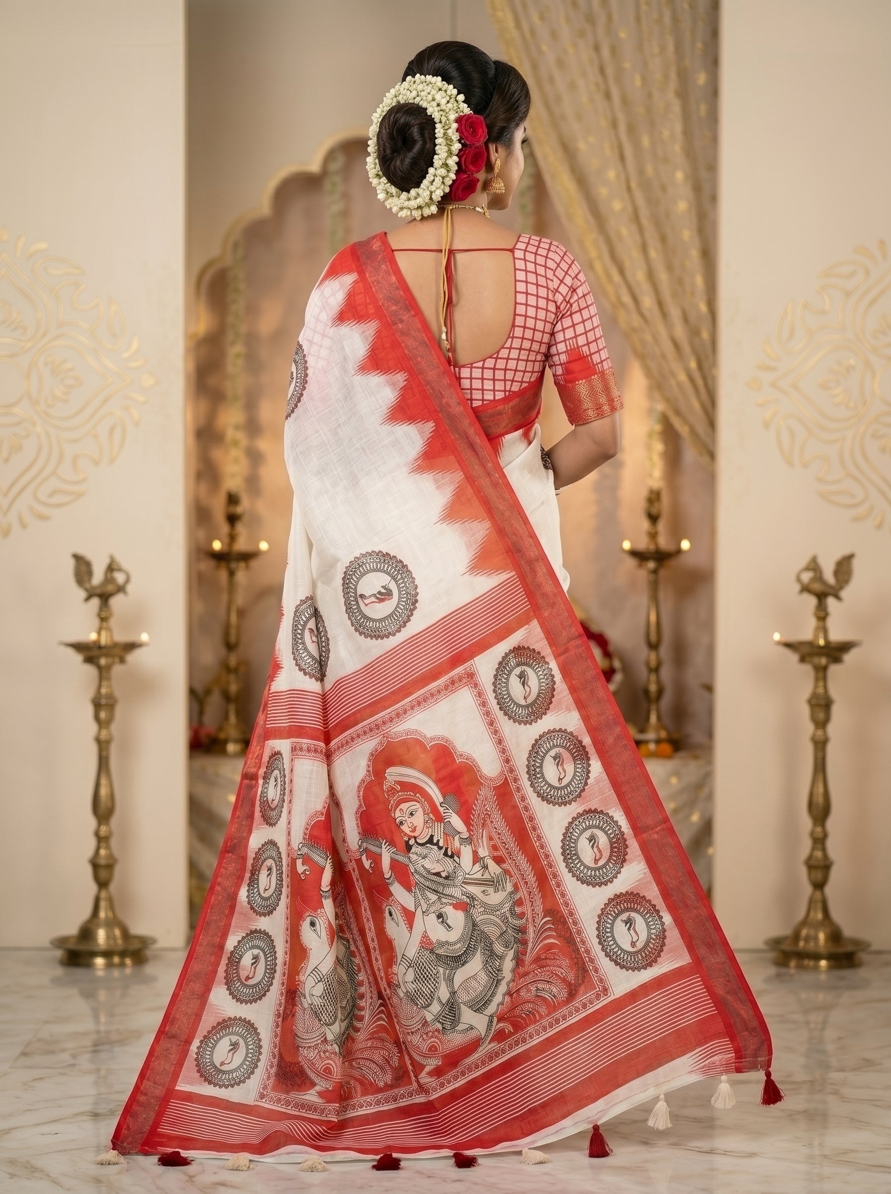 Gowrika Linen Cotton Saree – White Red Saraswati Divine Digital Print