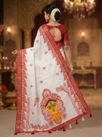Gowrika Linen Cotton Saree – White Red Durga Divine Digital Prints