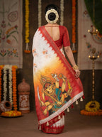 Gowrika Linen Cotton Saree – White Red Maa Durga Eyes Divine Digital Print