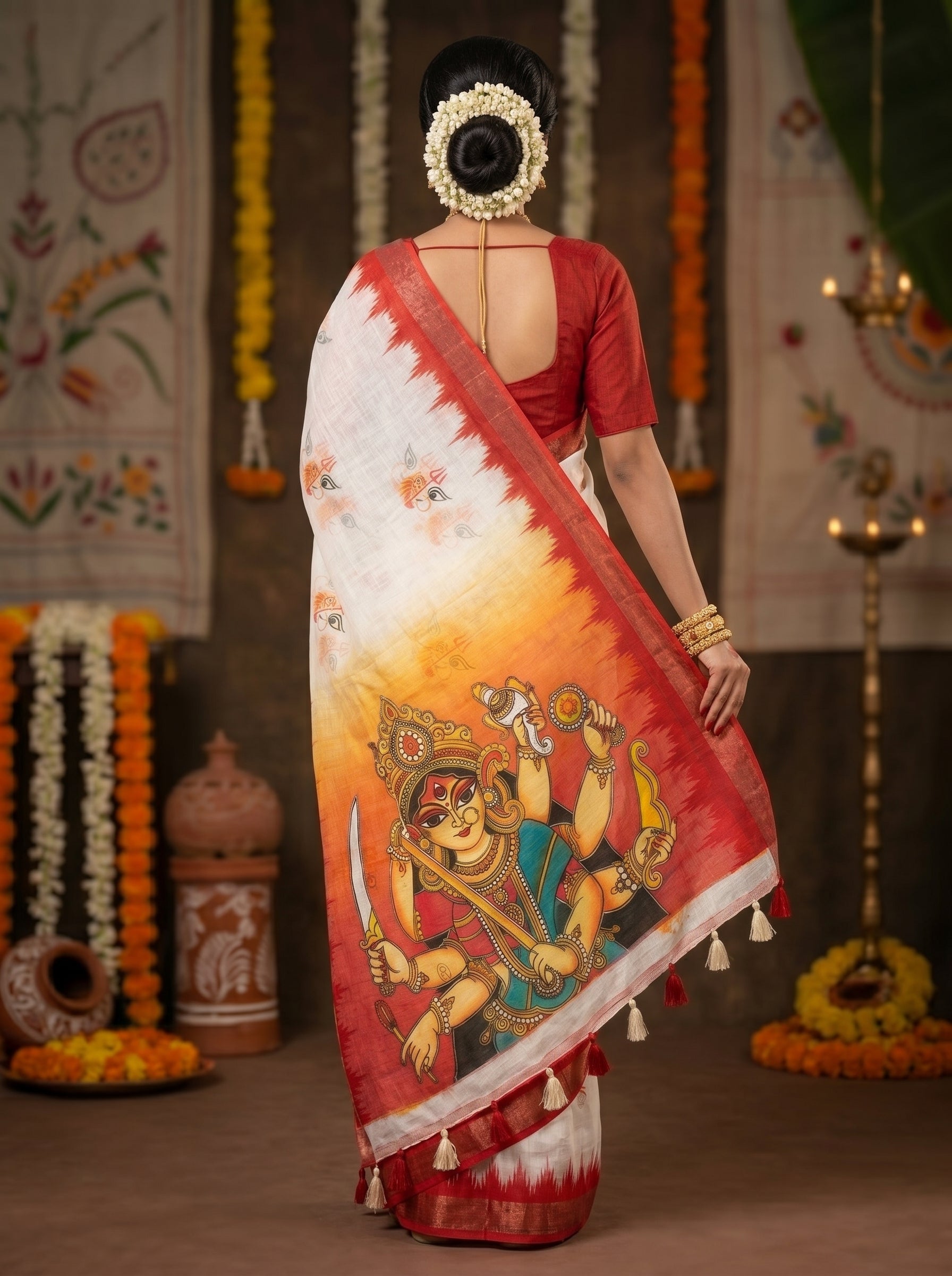 Gowrika Linen Cotton Saree – White Red Maa Durga Eyes Divine Digital Print