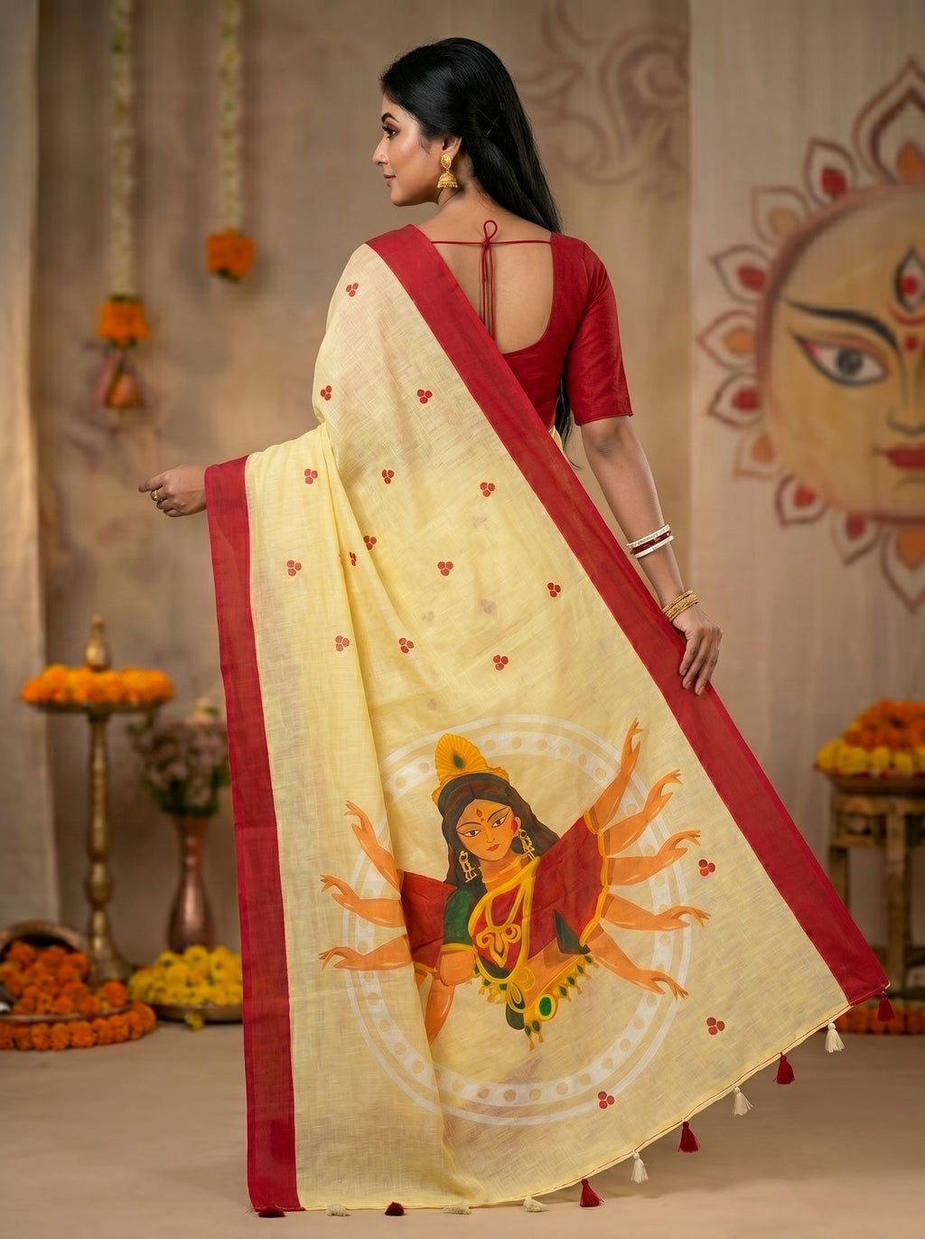 Gowrika Linen Cotton Saree – Light Yellow Red Maa Durga Divine Digital Print