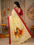 Gowrika Linen Cotton Saree – Light Yellow Red Maa Durga Divine Digital Print