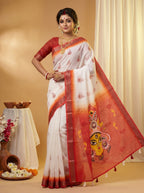 Gowrika Linen Cotton Saree – White Red Maa Durgaa Divine Digital Print