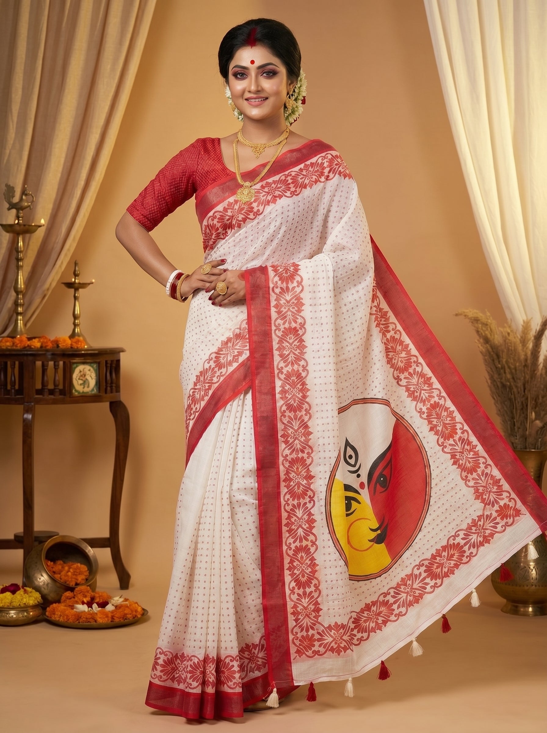 Gowrika Linen Cotton Saree – White Red Durga Face Divine Digital Print