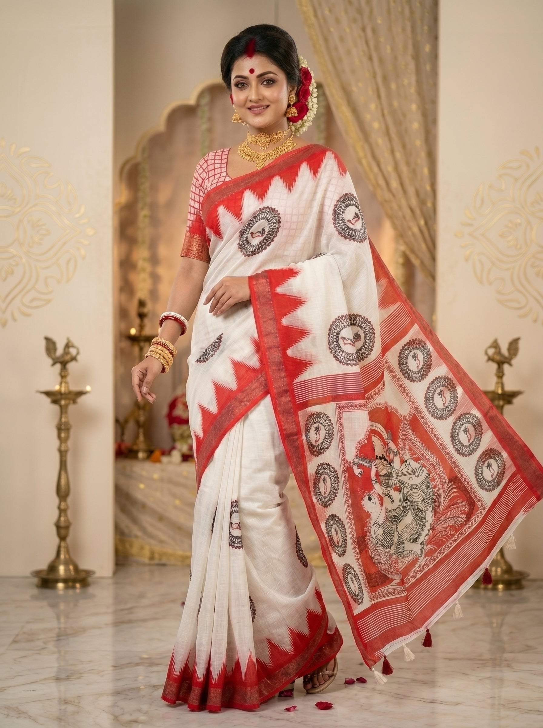 Gowrika Linen Cotton Saree – White Red Saraswati Divine Digital Print