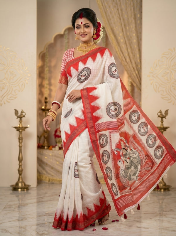 Gowrika Linen Cotton Saree – White Red Saraswati Divine Digital Print