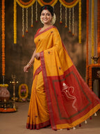 Gowrika Linen Cotton Saree – Saffron Orange Ganesha Divine Digital Print