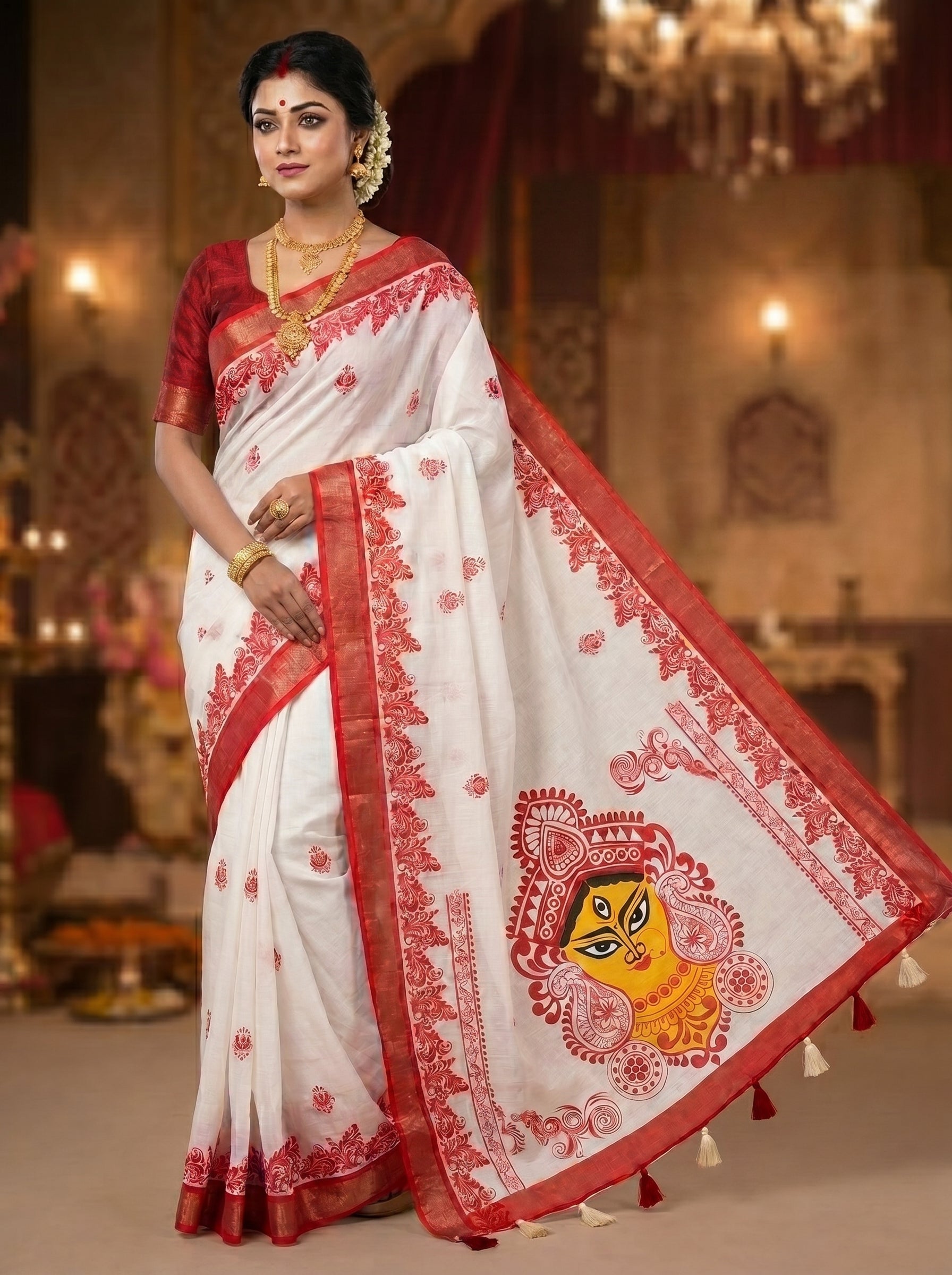 Gowrika Linen Cotton Saree – White Red Durga Divine Digital Prints