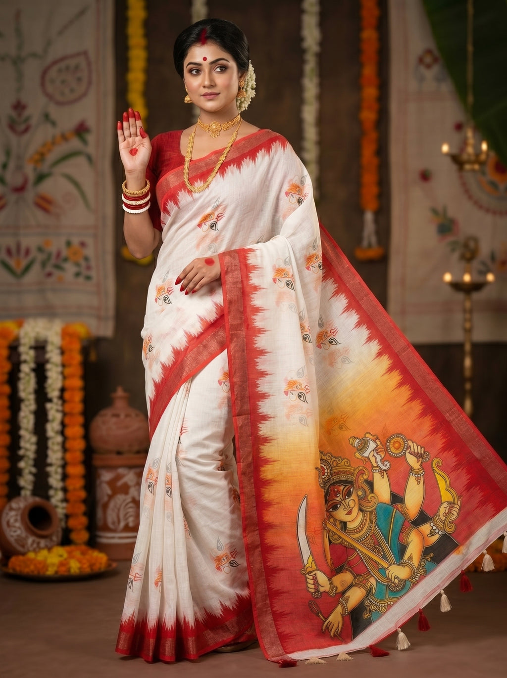 Gowrika Linen Cotton Saree – White Red Maa Durga Eyes Divine Digital Print