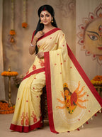 Gowrika Linen Cotton Saree – Light Yellow Red Maa Durga Divine Digital Print