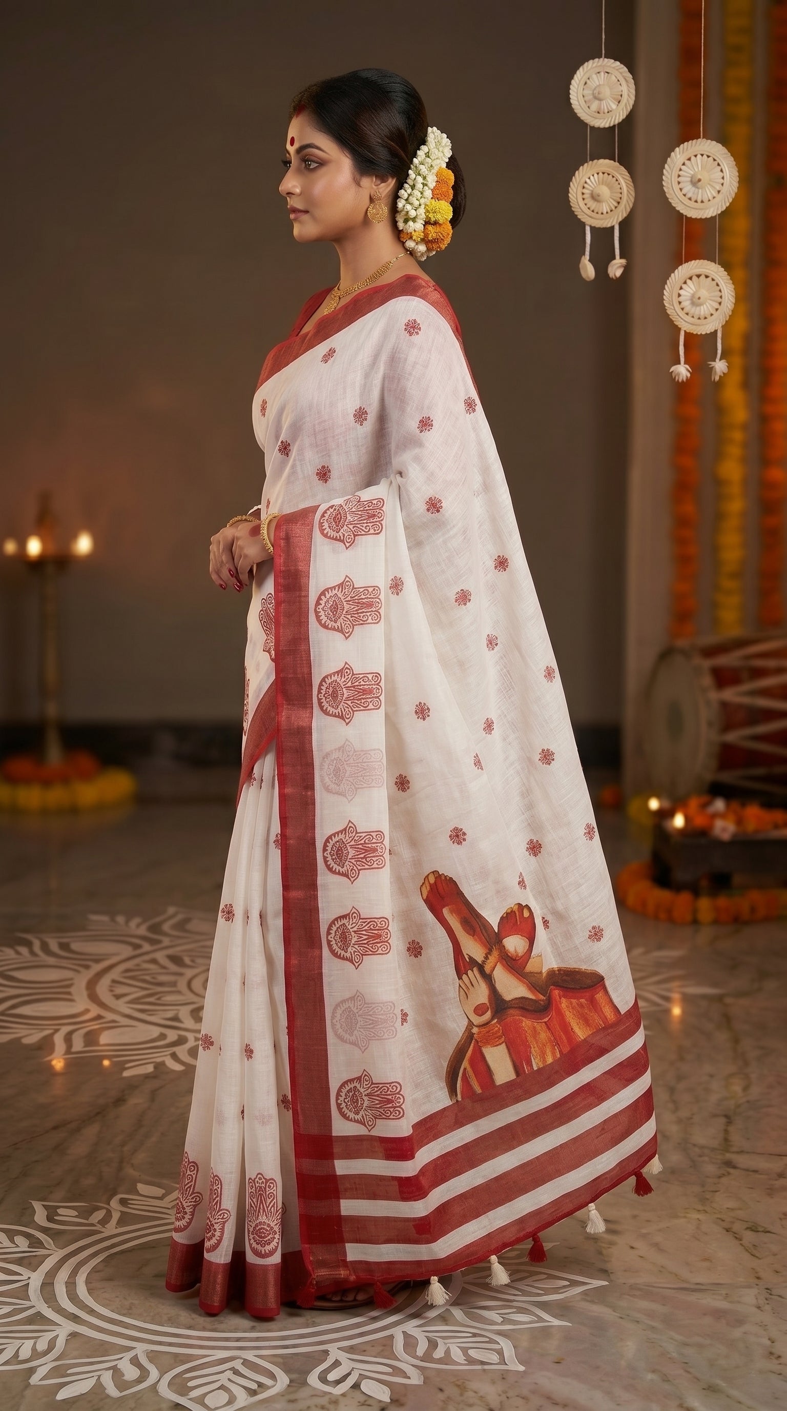 Gowrika Linen Cotton Saree – White Red Divine Digital Print