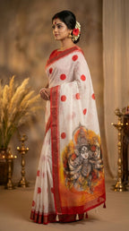 Gowrika Linen Cotton Saree – White Red Maa Durga Divine Digital Print