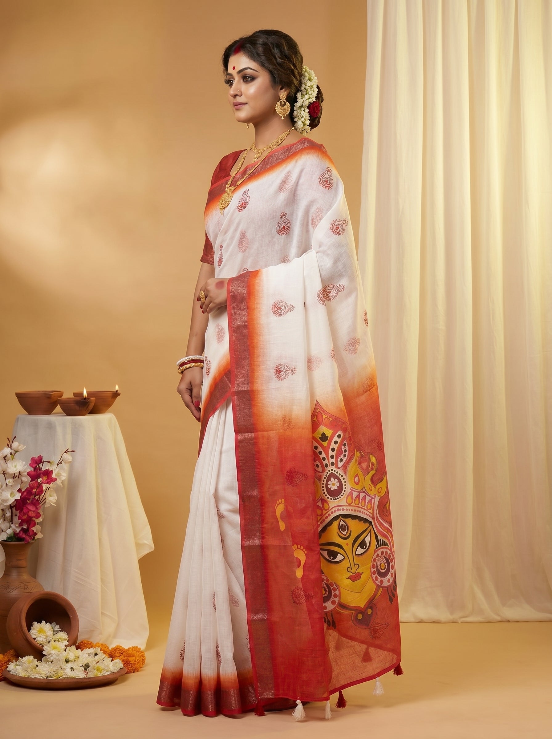 Gowrika Linen Cotton Saree – White Red Maa Durgaa Divine Digital Print