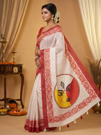 Gowrika Linen Cotton Saree – White Red Durga Face Divine Digital Print