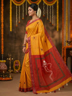 Gowrika Linen Cotton Saree – Saffron Orange Ganesha Divine Digital Print
