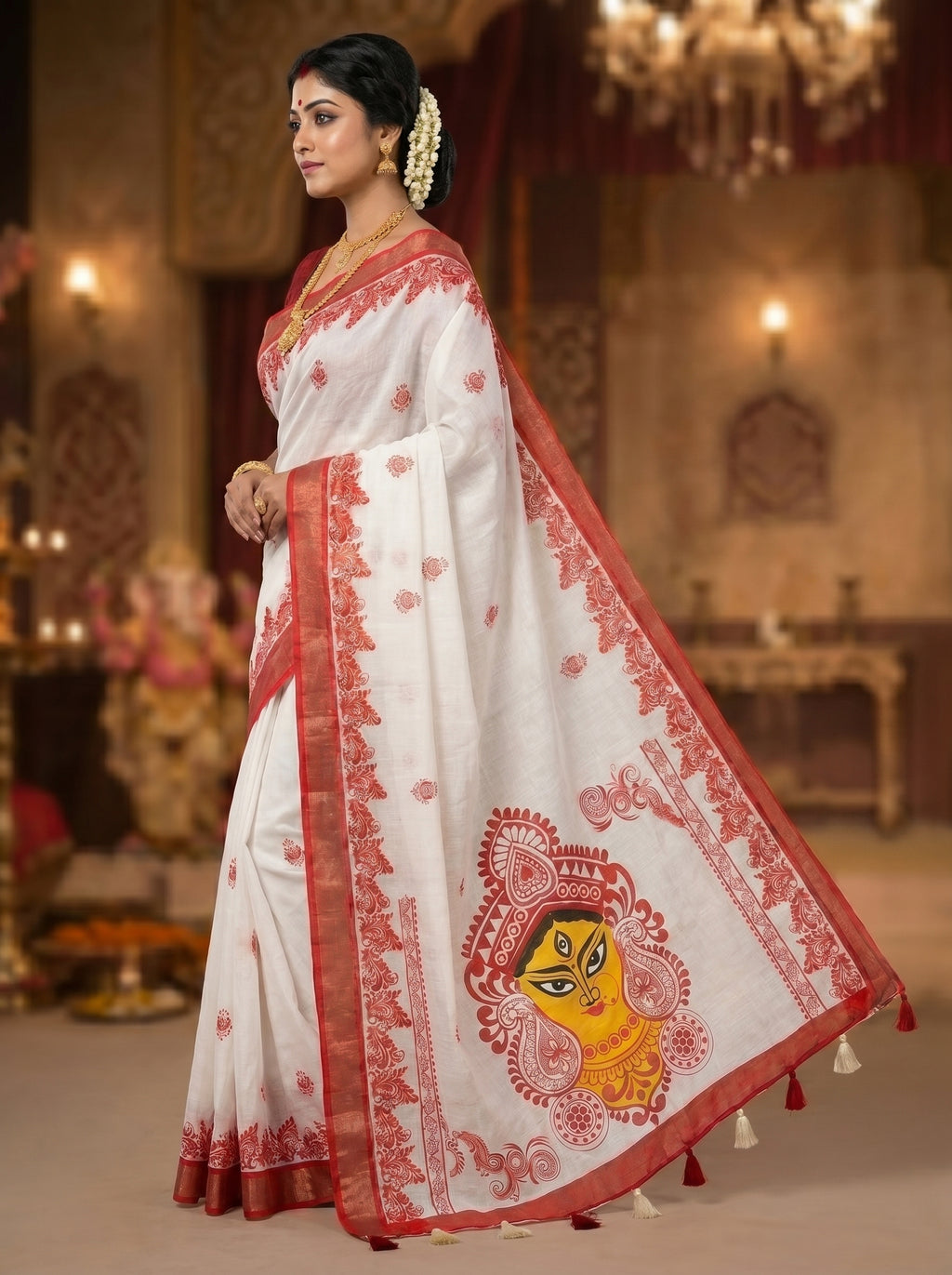 Gowrika Linen Cotton Saree – White Red Durga Divine Digital Prints