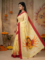 Gowrika Linen Cotton Saree – Light Yellow Red Maa Durga Divine Digital Print