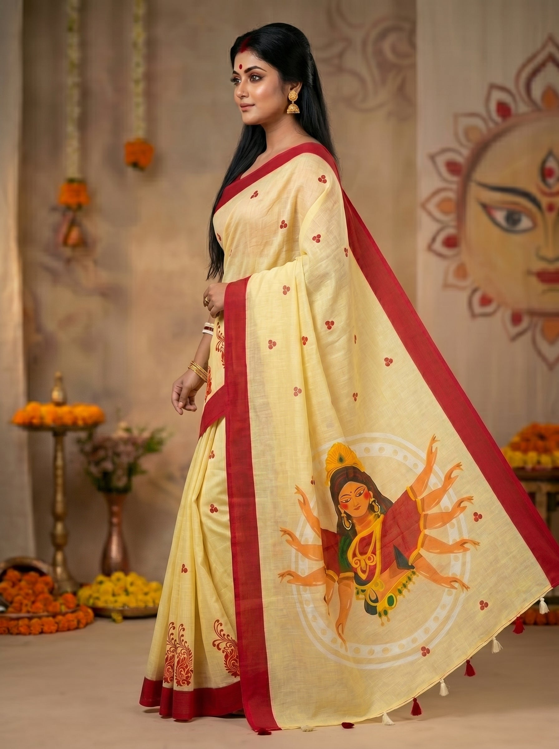 Gowrika Linen Cotton Saree – Light Yellow Red Maa Durga Divine Digital Print