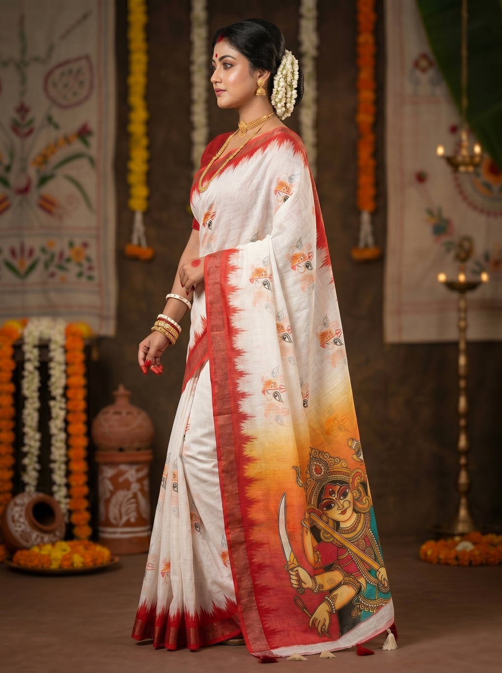 Gowrika Linen Cotton Saree – White Red Maa Durga Eyes Divine Digital Print