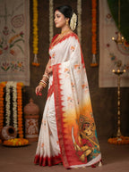 Gowrika Linen Cotton Saree – White Red Maa Durga Eyes Divine Digital Print