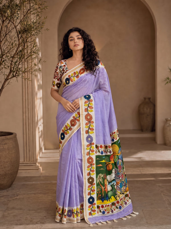 Vedyana Cotton Blend Saree – Lavender Kalamkari Digital Print