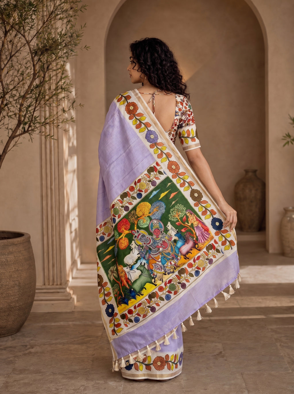 Vedyana Cotton Blend Saree – Lavender Kalamkari Digital Print