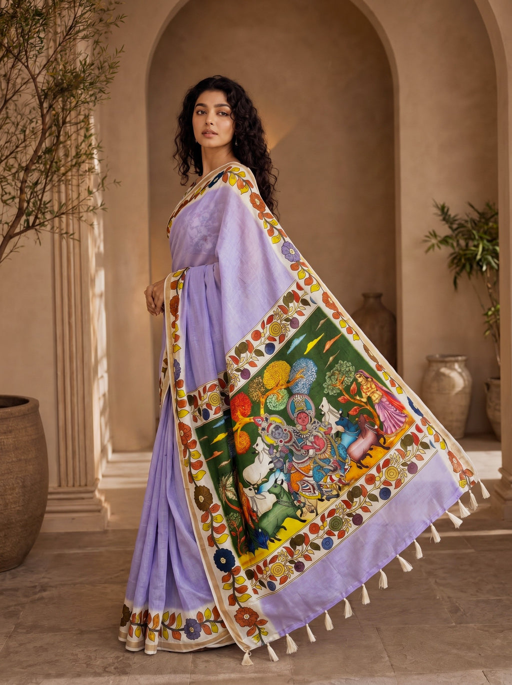 Vedyana Cotton Blend Saree – Lavender Kalamkari Digital Print