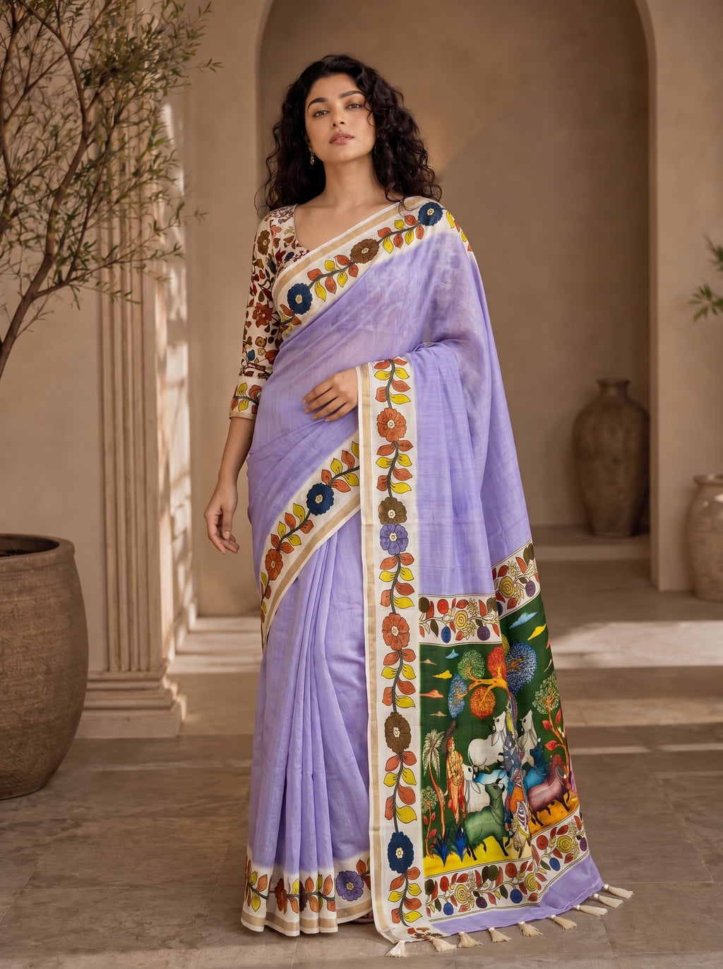 Vedyana Cotton Blend Saree – Lavender Kalamkari Digital Print