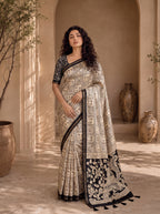 Kalava Art Silk Saree – Cream Black Peacock Pen Kalamkari Digital Print