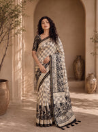 Kalava Art Silk Saree – Cream Black Pen Kalamkari Digital Print